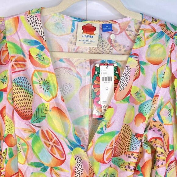 Farm Rio Rainforest Long Sleeves Blouse Fruits Print Wrap V-Neck Yellow Size XS - Picture 5 of 16